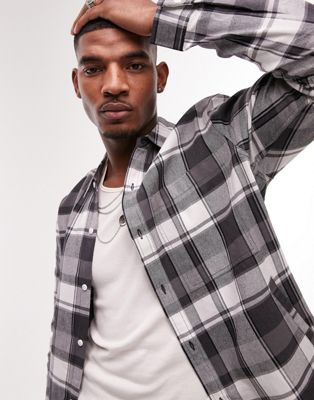 Topman long sleeve regular flannel check shirt with drawstring hem in black and white