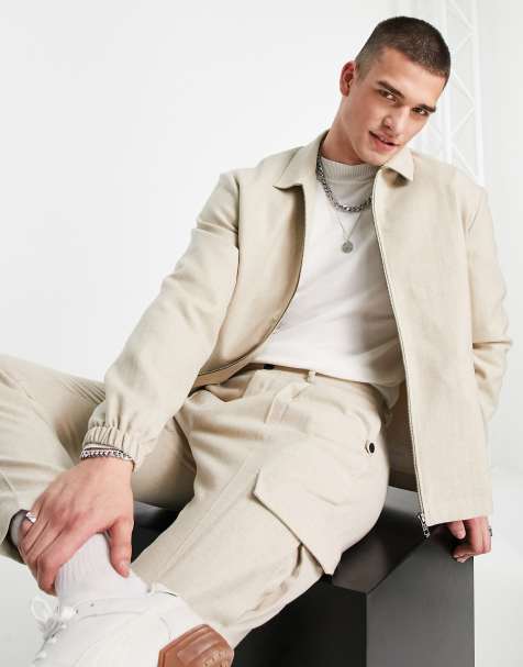 Topman flannel harrington jacket in off white co-ord - view 1