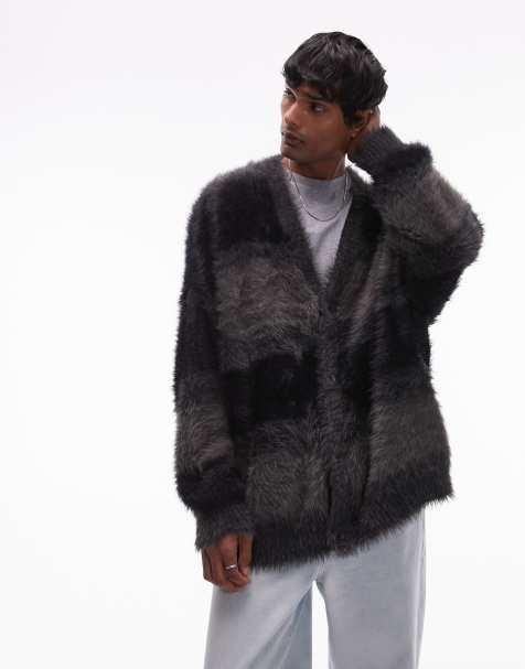 Topman – Flauschige Oversize-Strickjacke in gestreiftem Schwarz - view 1