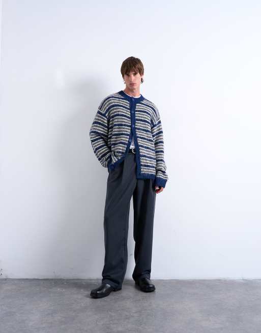 Topman – Flauschige Strickjacke in Blau mit Streifen und Rundhalsausschnitt, 2 von 5