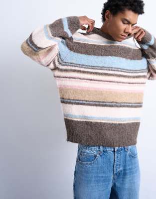 Flauschiger Relaxed-Fit-Strickpullover in gestreiftem Braun-Bunt Bunt XL