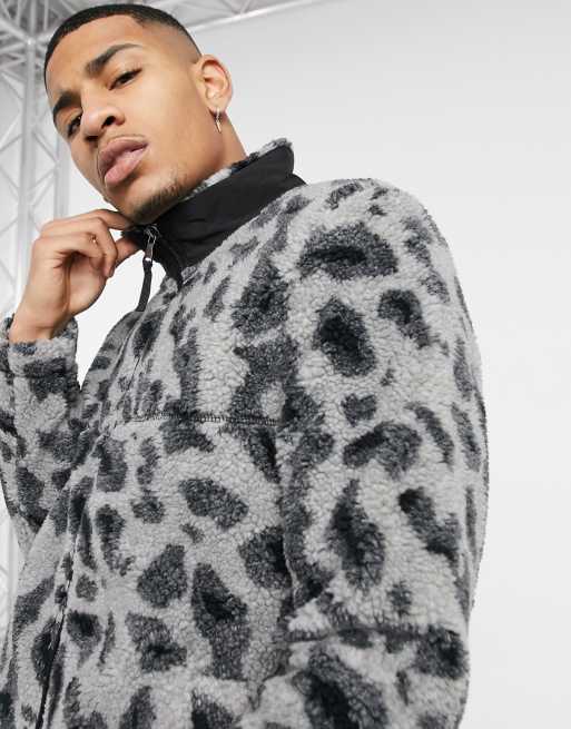 Grey Leopard Printed Fleece Jacket