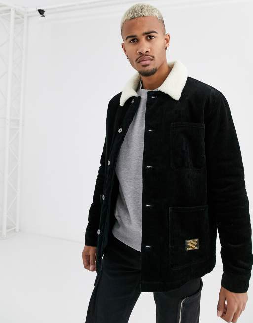 Topman fleece lined cord trucker jacket in black | ASOS