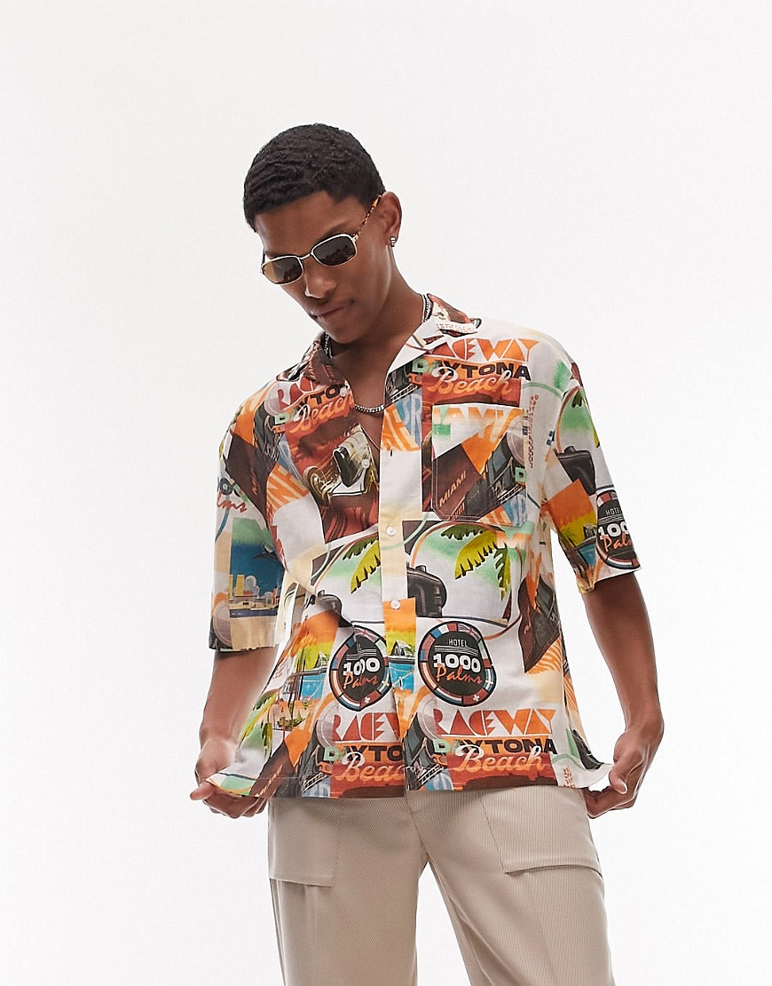 topman - flerfärgad, kortärmad skjorta i avslappnad passform med palm beach-tryck-flera