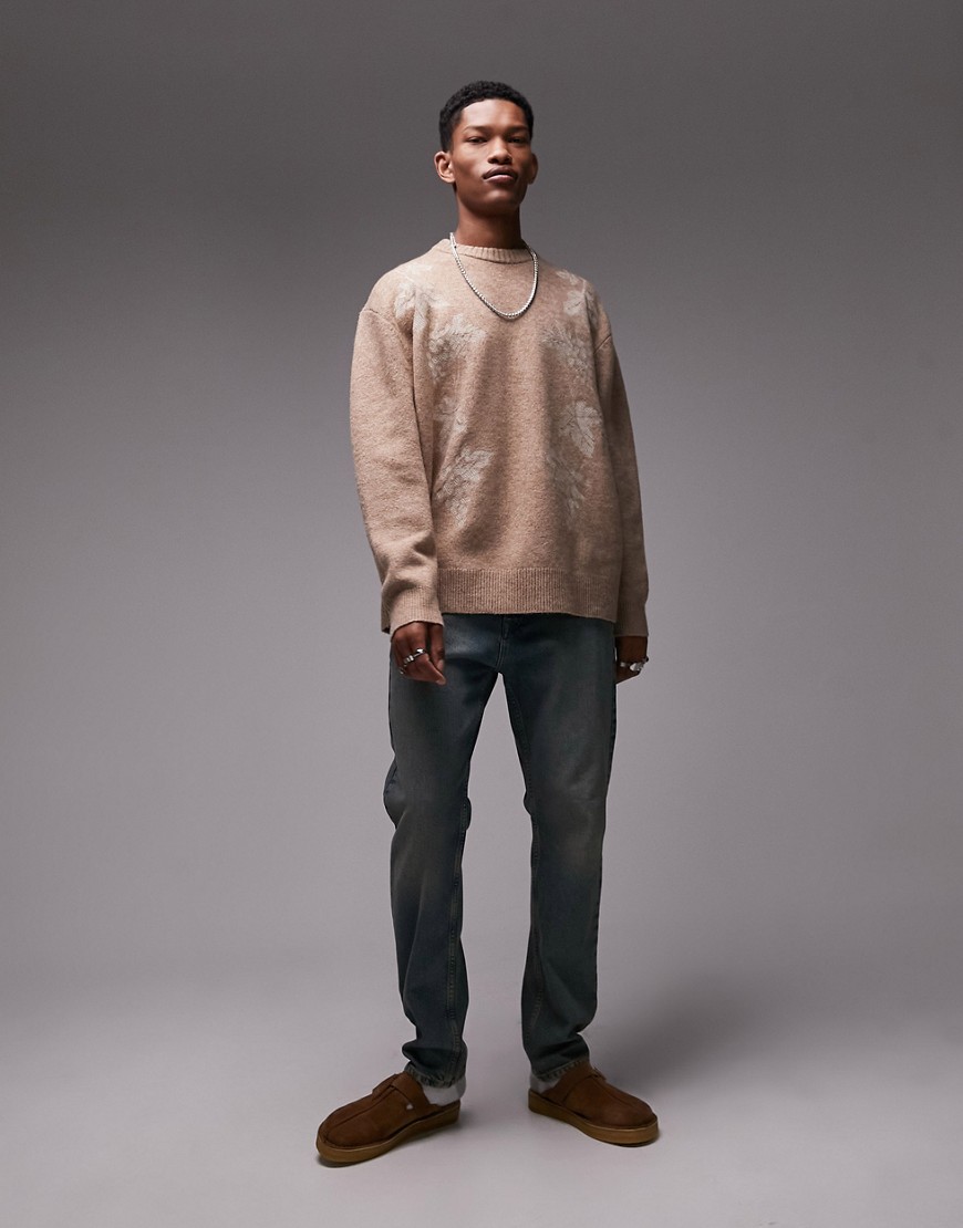 Topman floral embroidered jumper in stone-Neutral