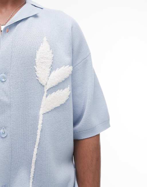 Topman floral embroidered knitted revere shirt in blue, 4 of 4