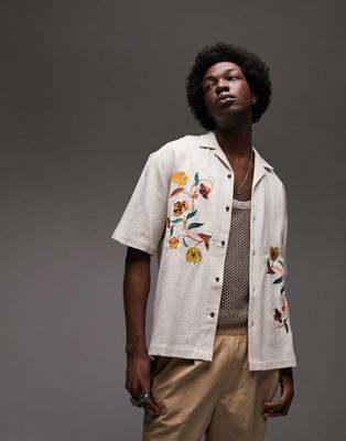 Topman floral embroidered shirt in ecru