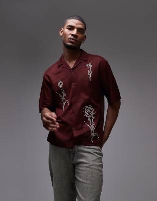 floral embroidery shirt in burgundy-Red