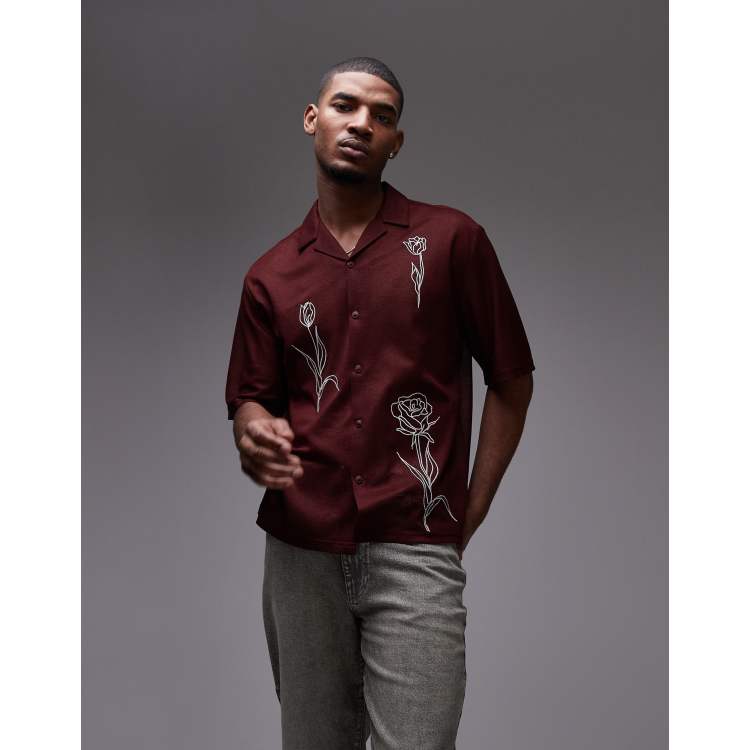 Topman floral embroidery shirt in burgundy | ASOS