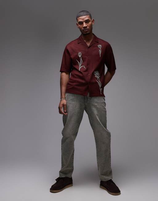 Topman floral embroidery shirt in burgundy | ASOS