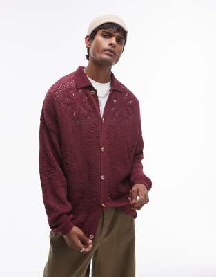 floral jacquard cardigan in burgundy-Red