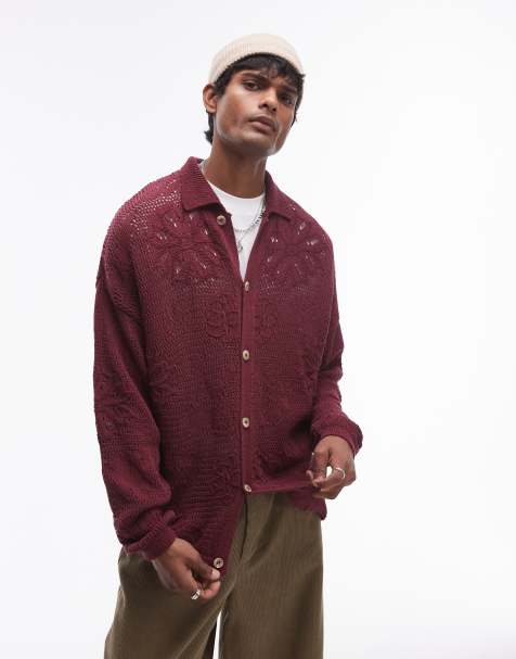 Topman floral jacquard cardigan in burgundy - view 1