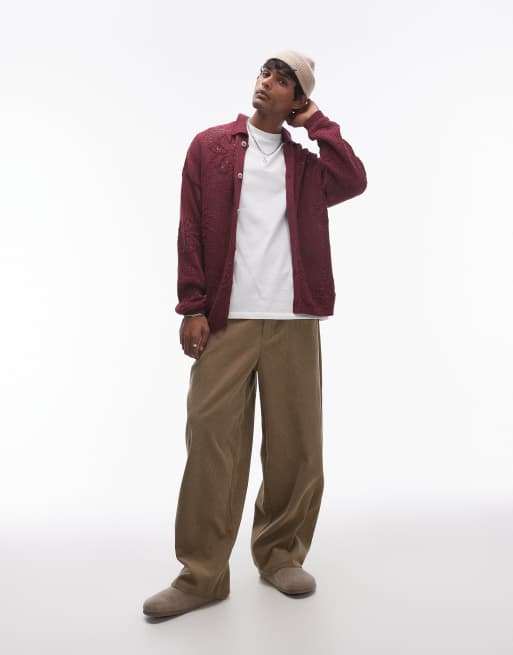 Topman floral jacquard cardigan in burgundy, 2 of 4