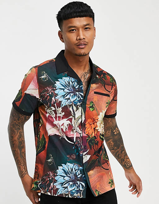Shirts Topman floral print shirt with contrast collar in multi 