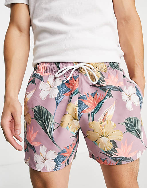 Topman floral print swim shorts in pink
