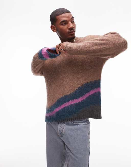 Topman fluffy abstract crew neck sweater in brown ASOS