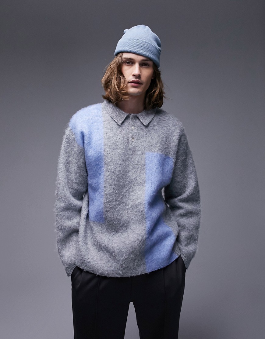 TOPMAN FLUFFY COLOR BLOCK KNITTED POLO IN GRAY