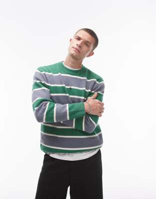 fluffy crew neck sweater in green and gray stripes