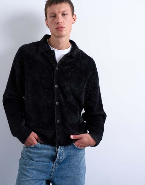 Topman fluffy knit cardigan in black