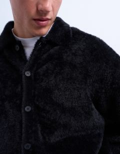 Model wearing Fluffy knit cardigan in black