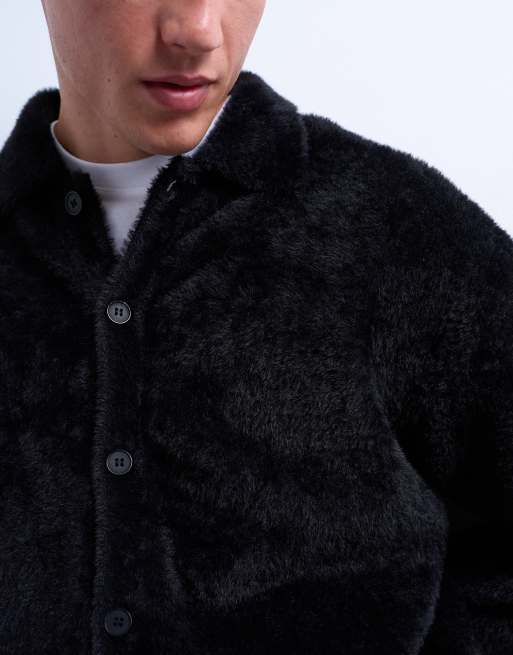 Topman fluffy knit cardigan in black, 3 of 5