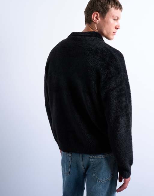 Topman fluffy knit cardigan in black
