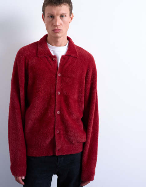 Topman fluffy knit cardigan in burgundy - view 1