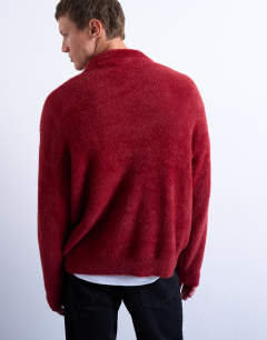 Model wearing Fluffy knit cardigan in burgundy