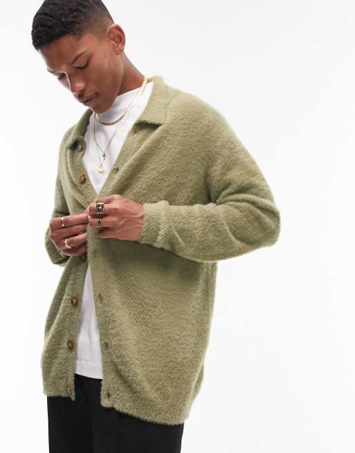 Topman fluffy knit cardigan in khaki