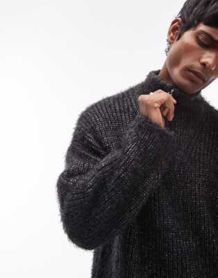 Topman fluffy knitted 1/4 zip in black