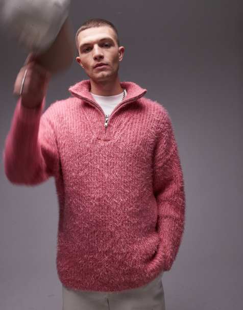 Topman fluffy knitted 1/4 zip jumper in pink - view 1