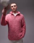 [Topman] Topman fluffy knitted 1/4 zip jumper in pink S Pink