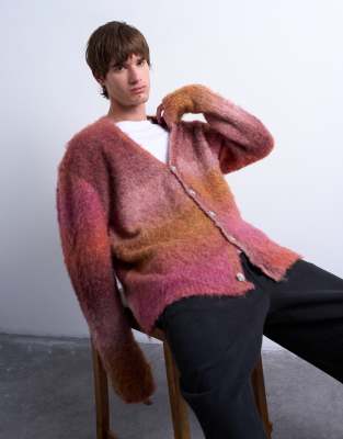 Topman Fluffy Knitted Crew Cardigan In Brown