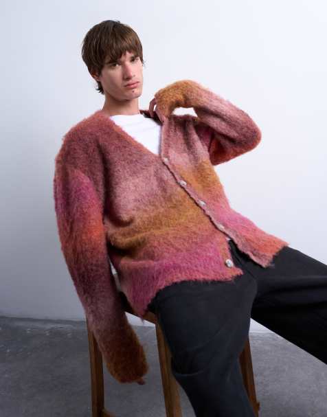 Topman fluffy knitted crew cardigan in burgundy - view 1