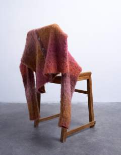 Model wearing Fluffy knitted crew cardigan in burgundy