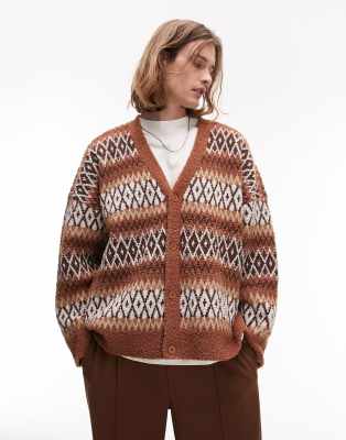 Topman fluffy stripe argyle cardigan in brown