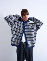 Topman fluffy stripe crew cardigan in blue