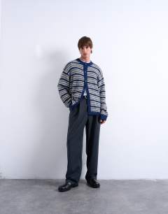 Model wearing Fluffy stripe crew cardigan in blue