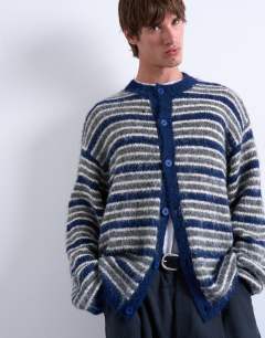 Model wearing Fluffy stripe crew cardigan in blue