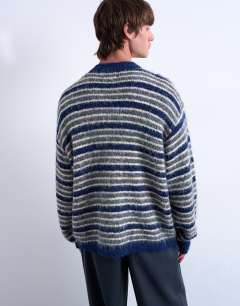 Model wearing Fluffy stripe crew cardigan in blue