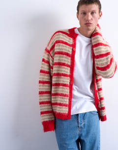 Fluffy stripe crew cardigan red