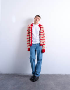 Model wearing Fluffy stripe crew cardigan red