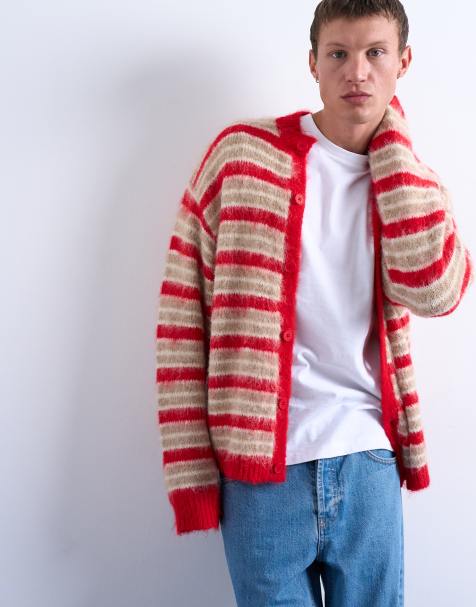 Topman fluffy striped crew neck cardigan in red - view 1