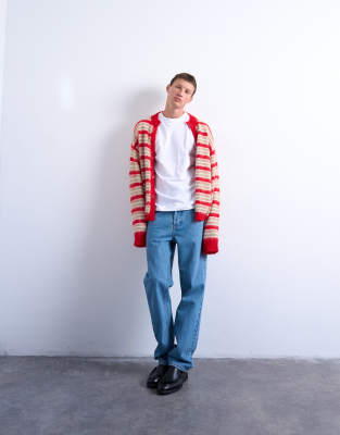 Topman Fluffy Striped Crew Neck Cardigan In Red