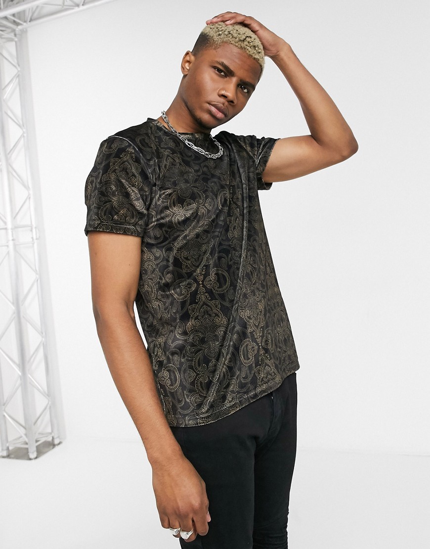 Topman - Fluwelen T-shirt met barokprint in zwart