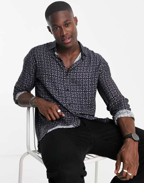 Topman formal geo tile print shirt in black 
