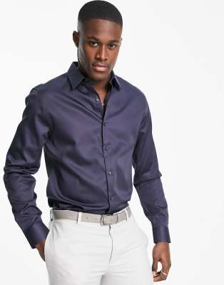 Topman formal sateen slim shirt in navy