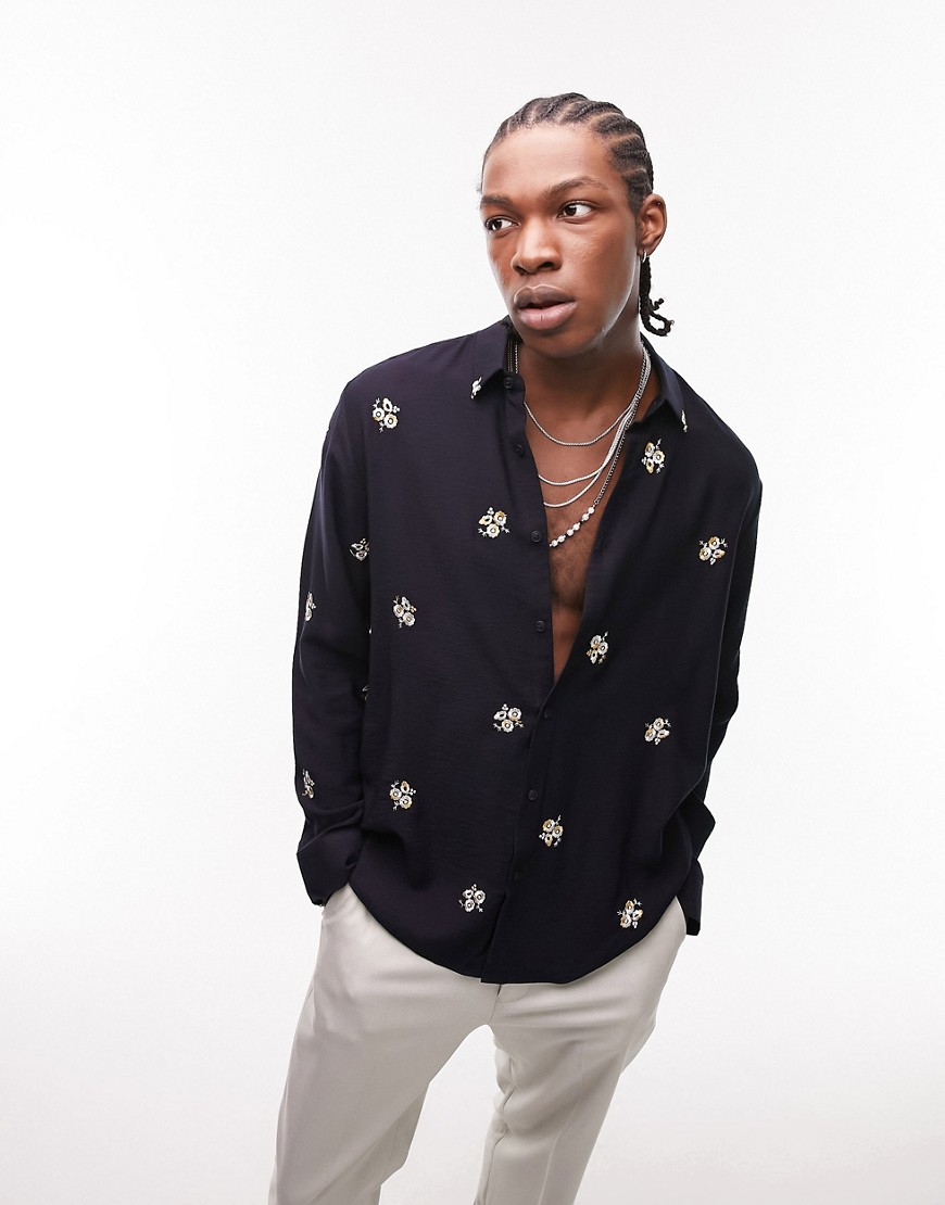 Topman formal shirt with floral embroidery in navy