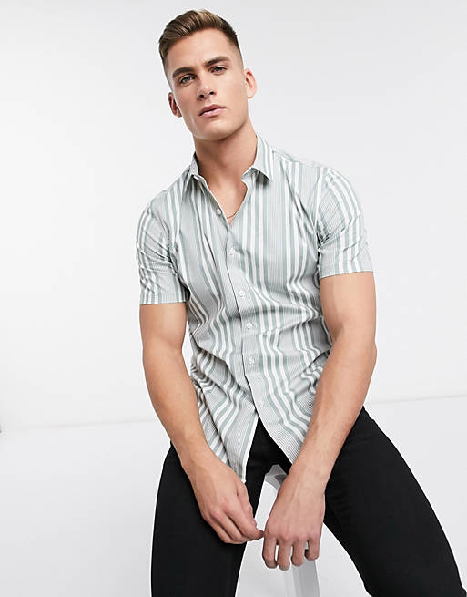 Topman formal short sleeve shirt with stripe in sage | ASOS