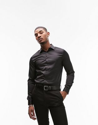 Topman long sleeve slim formal fit sateen shirt in black